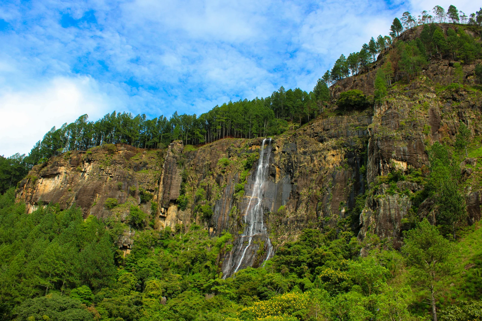 Bambarakanda-Wasserfall in der grünen Berglandschaft Sri Lankas